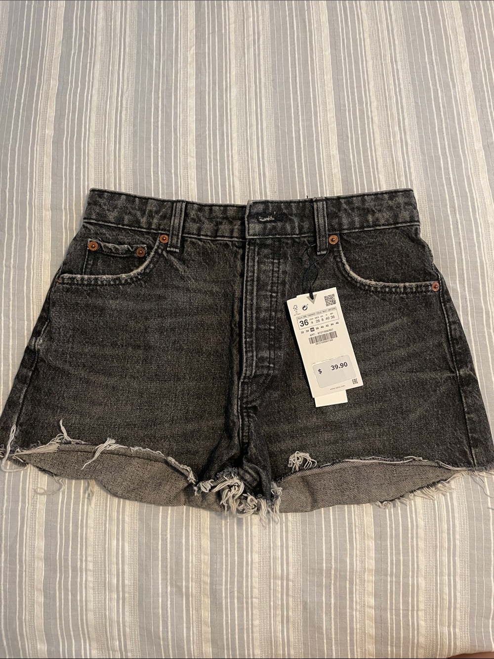 Zara Black Washed Distressed Denim Shorts
